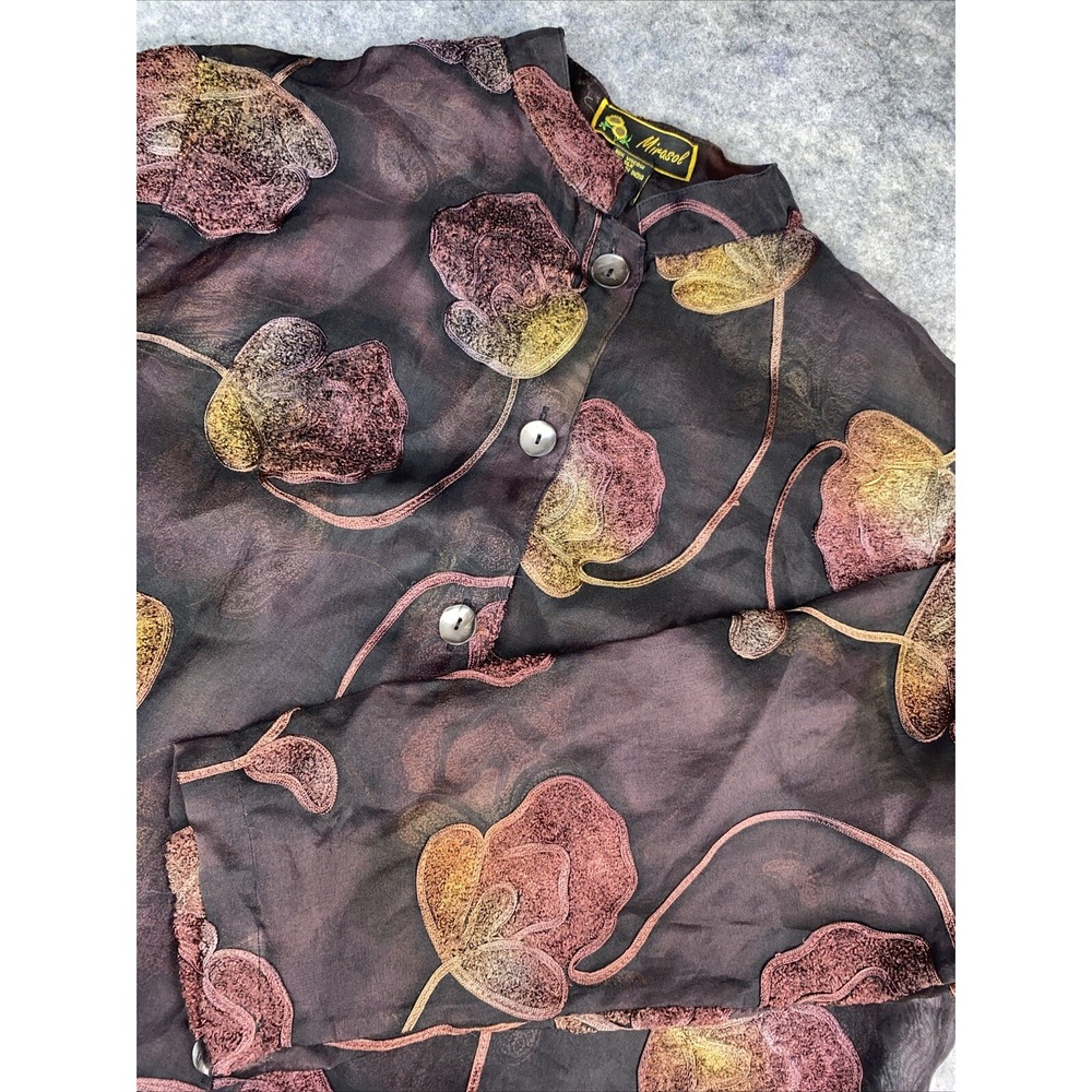 MIRASOL Embroidered Womens XL Black Floral Silk Blend Sheer Long Sleeve Top Boho